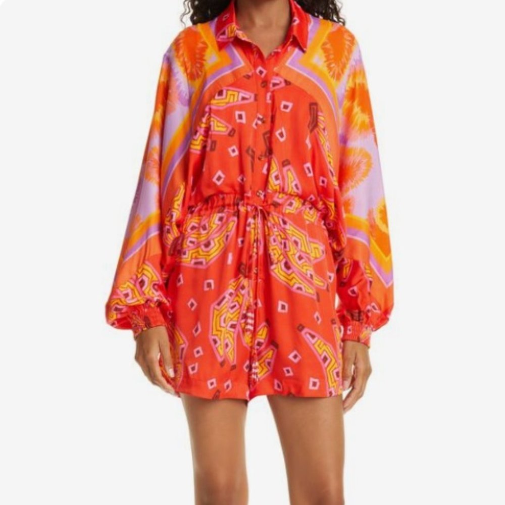 FARM Rio Red Orange Pink Patterned Long-Sleeve Romper